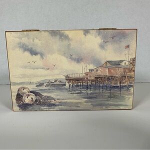 Otter Trinket Wooden Jewelry Knick Knack Box with "Monterey" Wharf Boat Water